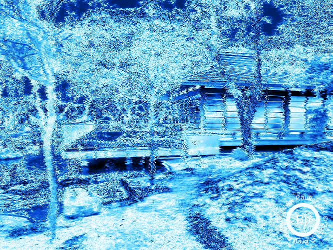 Lake House Surrounded by Trees Done in Science Fiction Blue Shift Effect
