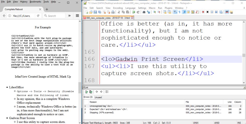 Gadwin Screencapture of This Web-page in progress as seen on my computer desktop, side by side windows of Firefox browser and NPP open, note the large text size for NPP, probably 24pt